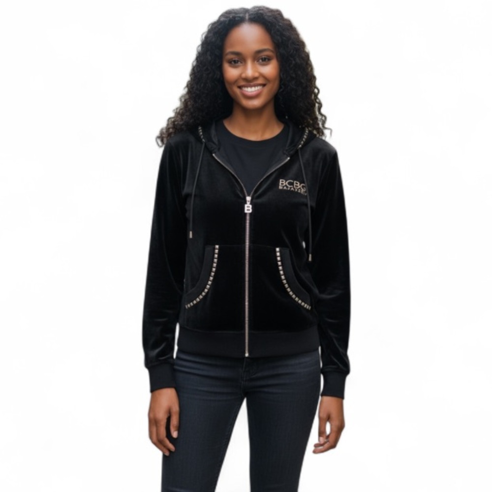 BCBG Maxazria Black Velour Hoodie Gold Studs Size XL